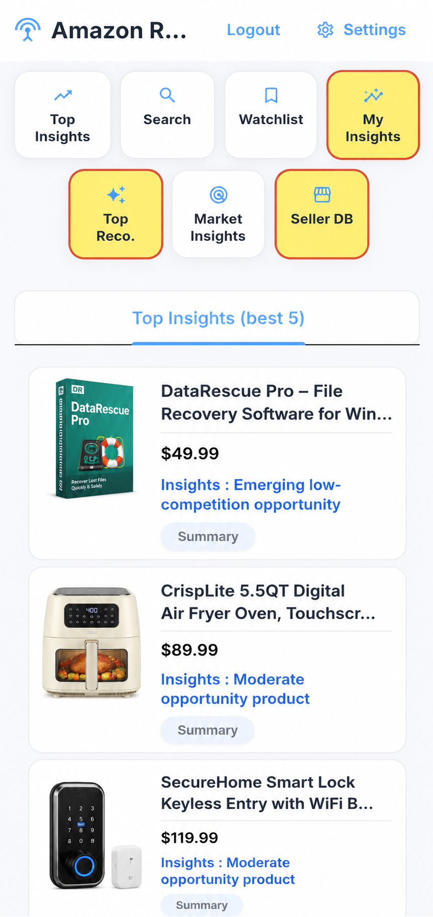 Top Insights feed with opportunity cards