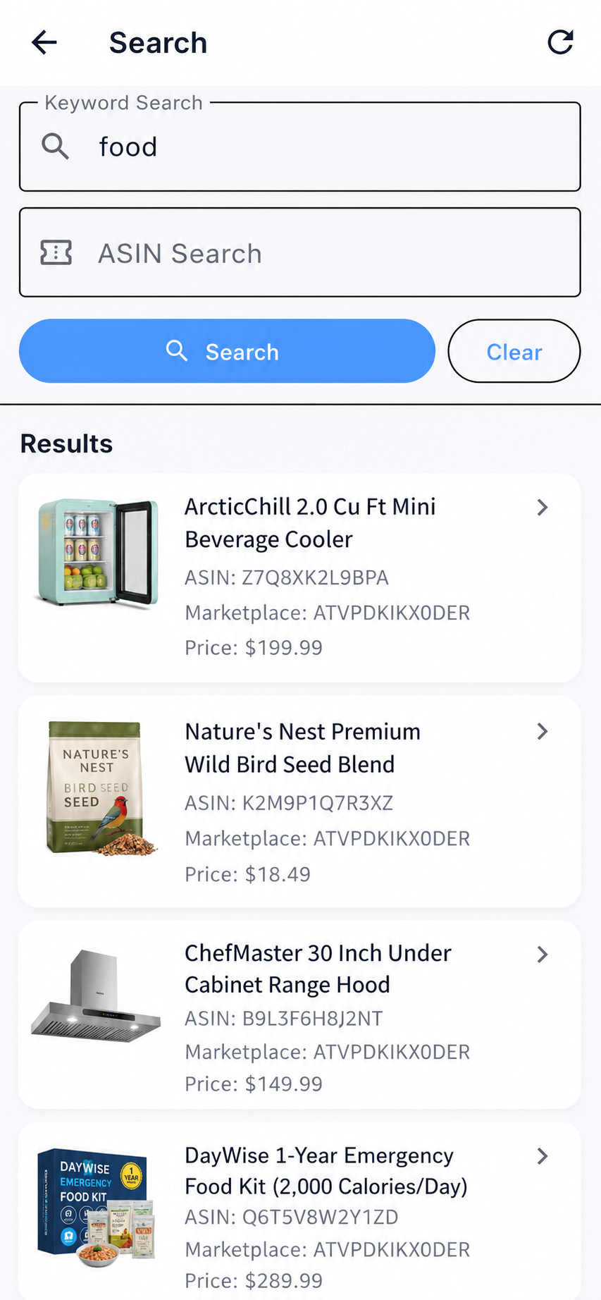 Search screen for keyword and ASIN discovery