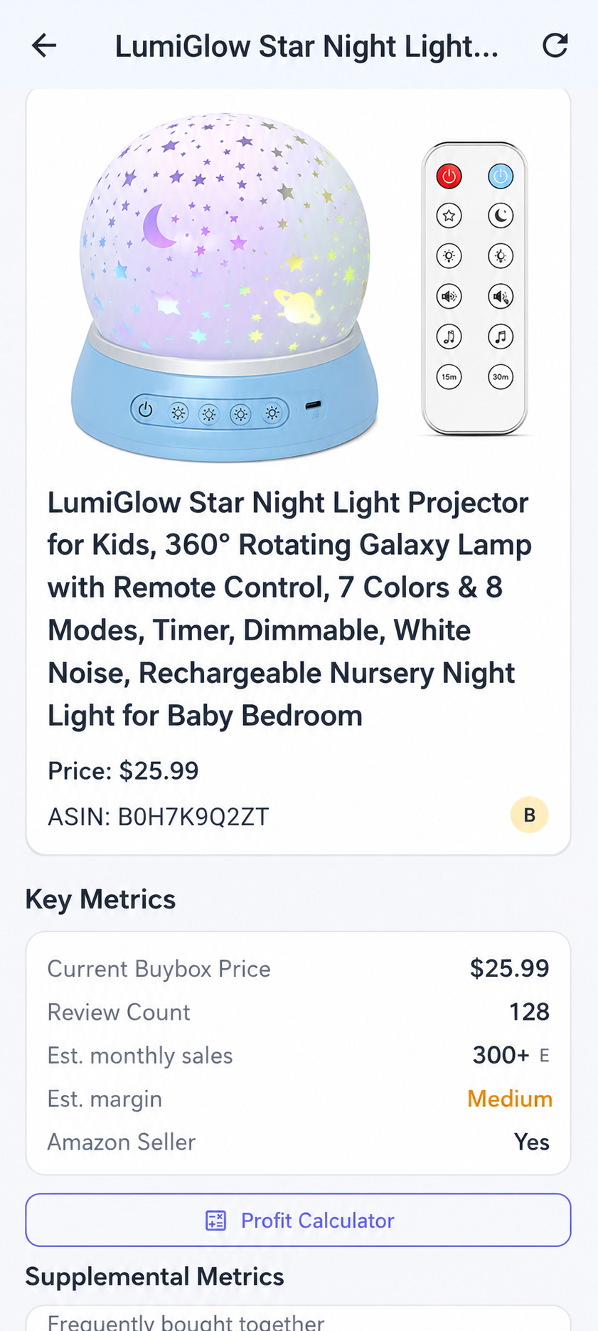 Product Detail page with metrics and profitability tools