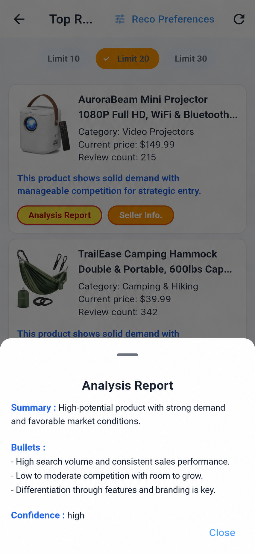 Top Recommendations list with analysis report modal